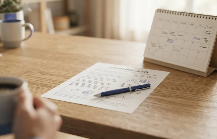 Comunicato stampato con una penna sul foglio e un calendario da tavolo aperto accanto.